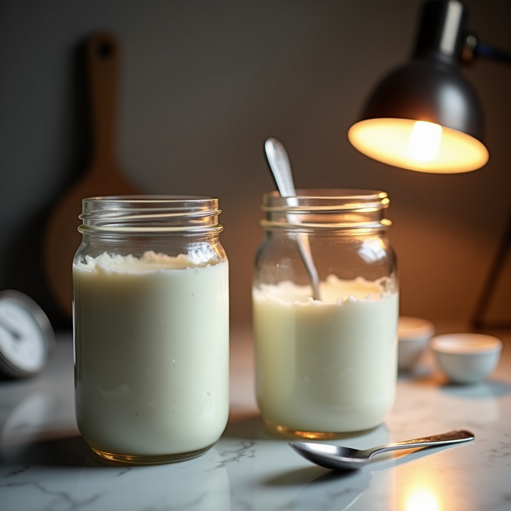 Domowy jogurt w słoiku z widocznymi kulturami bakteryjnymi